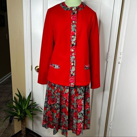 VTG Pablo Collection Womens Two Piece Jacket & Skirt Set Size 10P Red/Floral USA - Picture 1 of 10